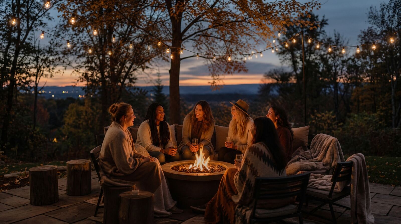 Women gathered around a fire pit at dusk during the Be You Retreat