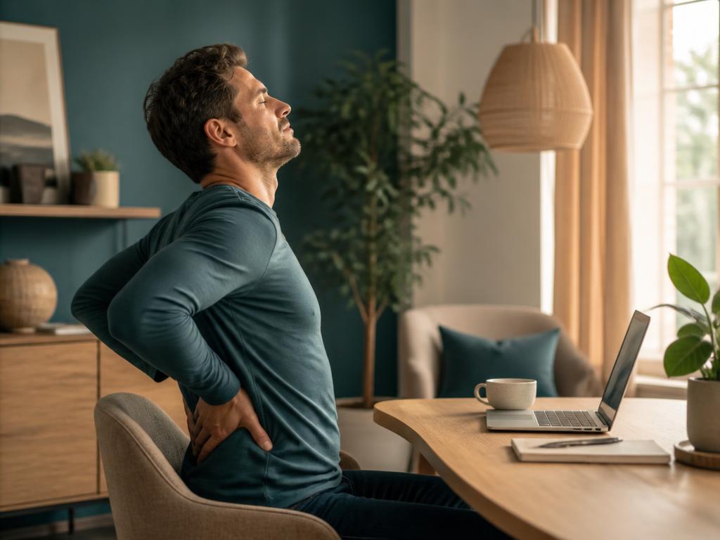 Man stretching his lower back while working at a desk