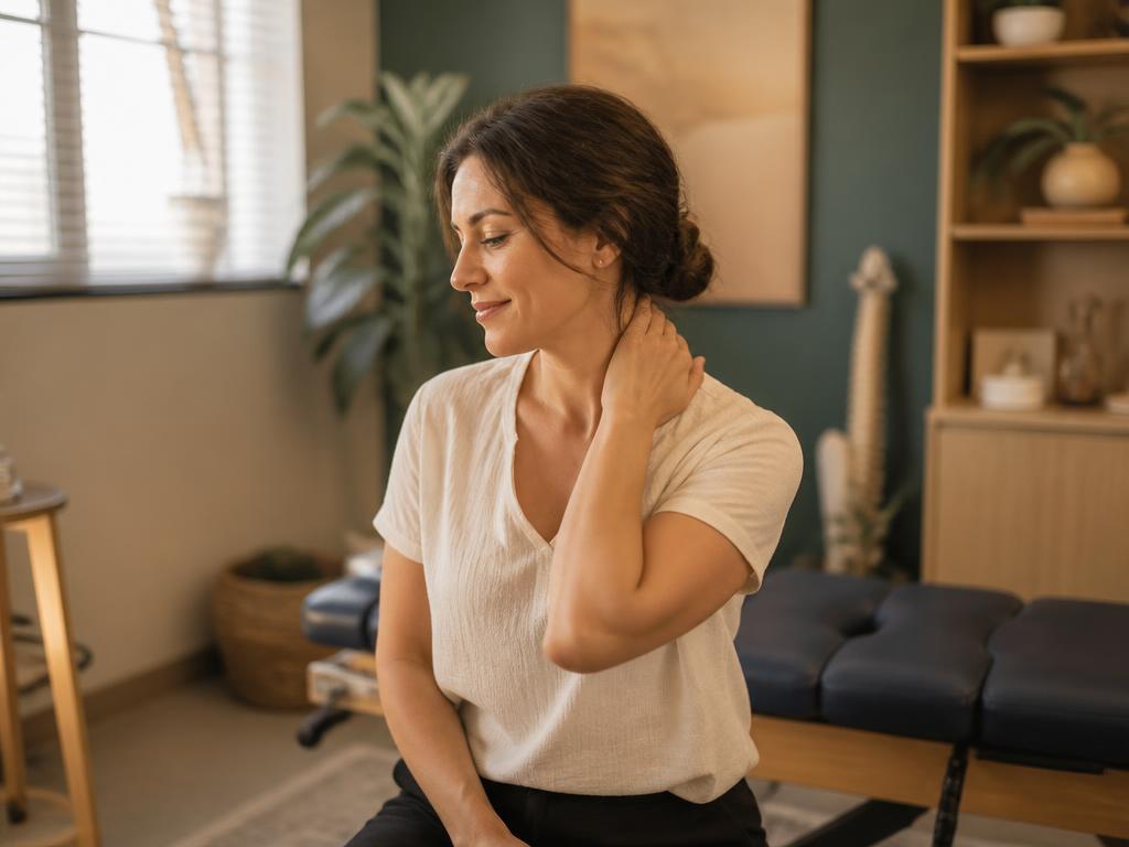 Woman gently holding her neck in a calm clinic room