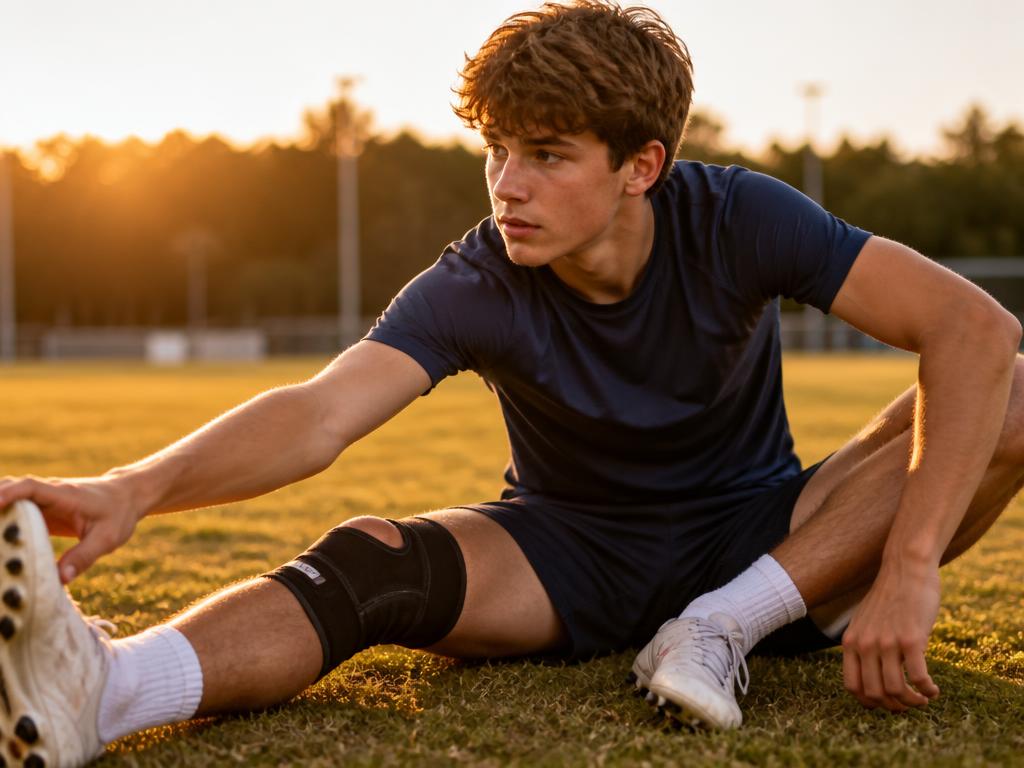 Young athlete with a knee support stretching on a field at sunset