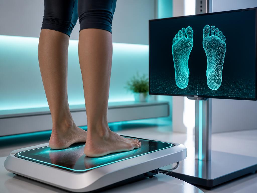 Feet on a digital scanner with a 3D foot image on screen