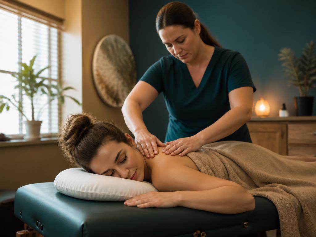 Massage therapist working on a relaxed client's shoulders