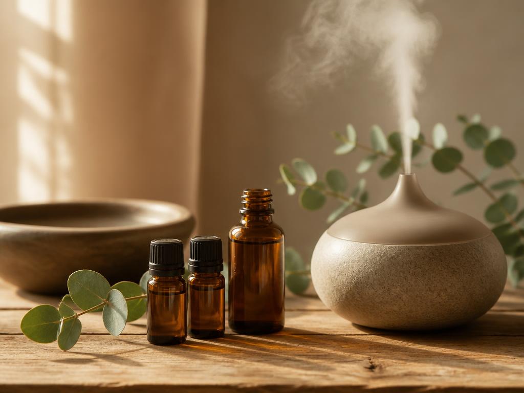 Essential oil bottles and a diffuser with soft mist
