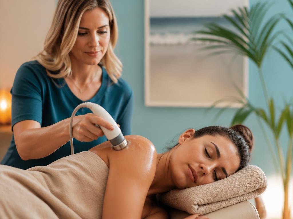 Therapeutic ultrasound treatment on a shoulder